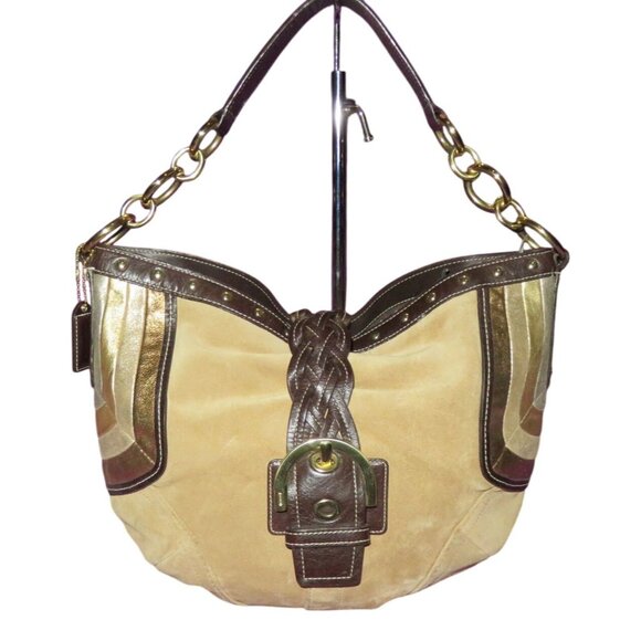 COACH 2006 Maggie Brass Studded Metallic Tan Suede & Brown Leather  Hobo Bag - Picture 1 of 12